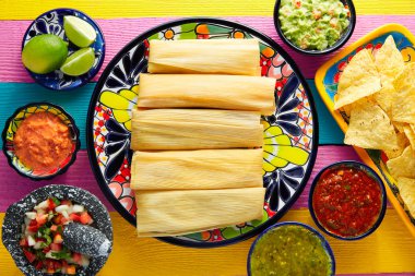 Tamale Mısır yaprak ve soslar guacamole ile