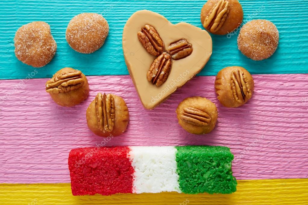 Download - Mexican candy sweets cajeta pecan and coconut flag - Stock Image...