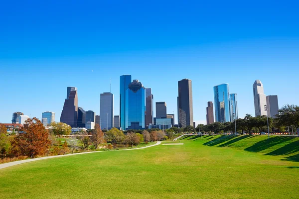 Houston skyline in sunny day from park grass — Stock Photo, Image