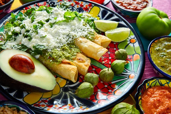 绿色辣酱玉米饼馅辣酱的墨西哥食物 — 图库照片