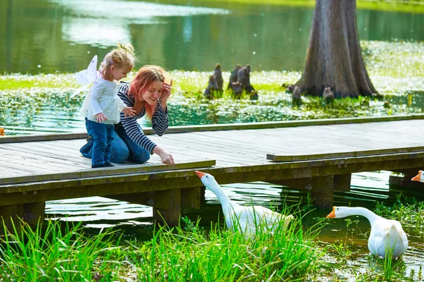 Kid girl and mother playing with ducks in lake — Stock Photo, Image