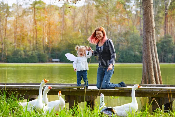 Niña y madre jugando con patos en el lago — Foto de Stock