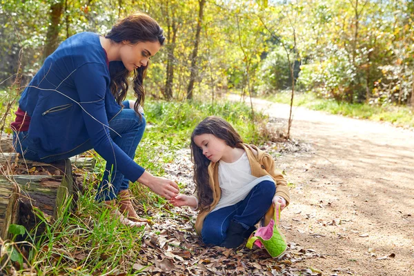 Madre hija en un parque recogiendo plantas de trébol —  Fotos de Stock