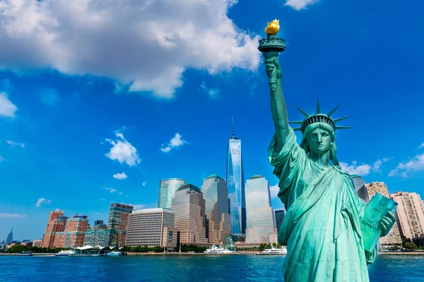 Standbeeld van de vrijheid en de New York skyline ons — Stockfoto