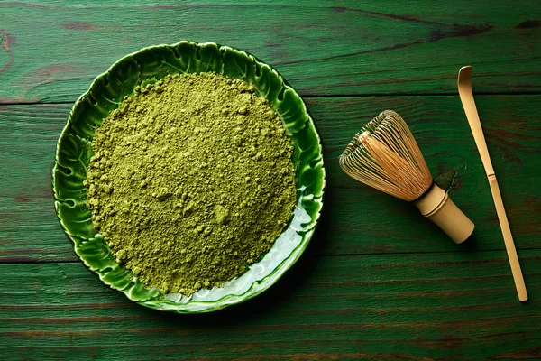 Matcha tea powder bamboo chasen and spoon — Stock Photo, Image