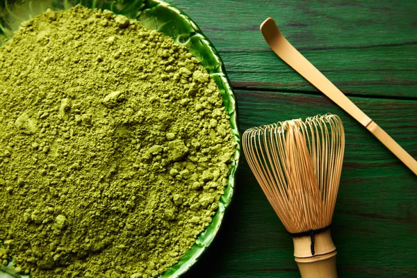 Matcha tea powder bamboo chasen and spoon — Stock Photo, Image