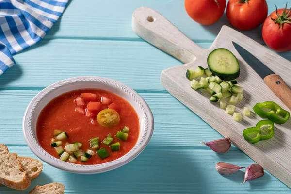 가스파초 Gazpacho Andaluz 스페인의 안달루시아 토마토 수프로 배경에오이 후추를 얹는다 스톡 이미지