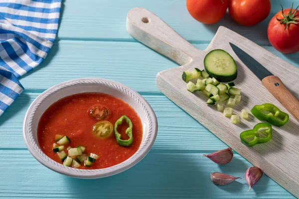 Gazpacho Andaluz是西班牙产的一种带有黄瓜 胡椒和浅蓝色背景的安达卢西亚番茄冷汤 — 图库照片