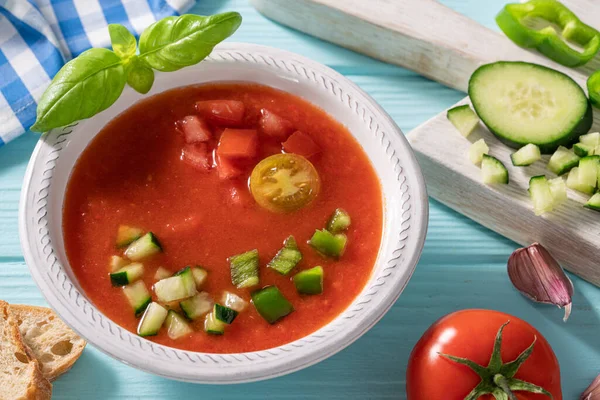 Gazpacho Andaluz Egy Andalúziai Paradicsom Hideg Leves Spanyolországból Uborka Fokhagyma — Stock Fotó