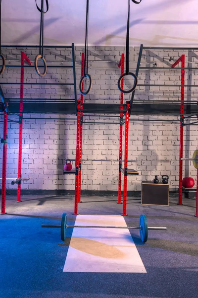 Gym nobody with barbells kettlebells and bars — Stock Photo, Image
