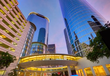 Houston şehir merkezinde günbatımı gökdelenler Texas