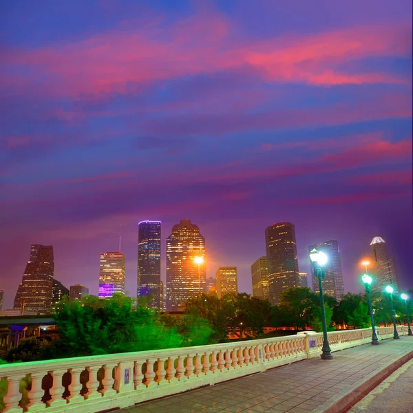 Houston skyline bij zonsondergang Sabine St Texas Usa — Stockfoto