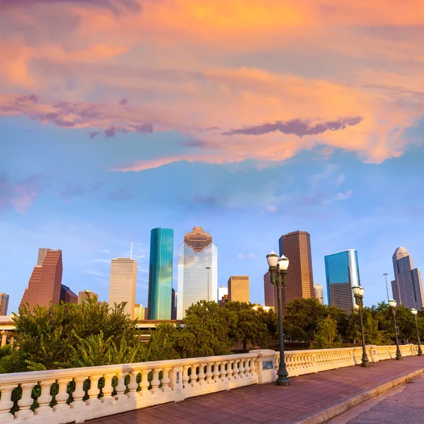 Houston skyline zonsondergang Sabine St brug Texas ons — Stockfoto