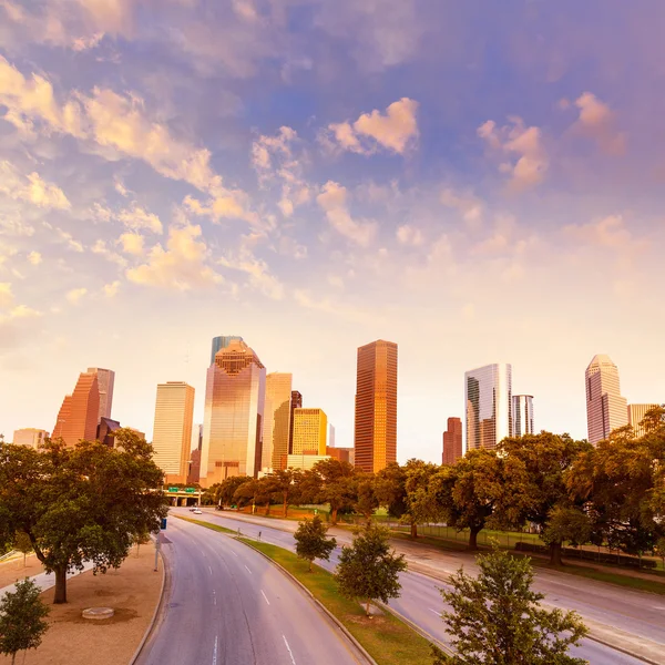 Houston skyline solnedgång från Allen Pkwy Texas oss — Stockfoto