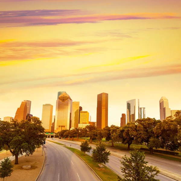 Zachód słońca panoramę Houston z Allen Pkwy Texas nas — Zdjęcie stockowe