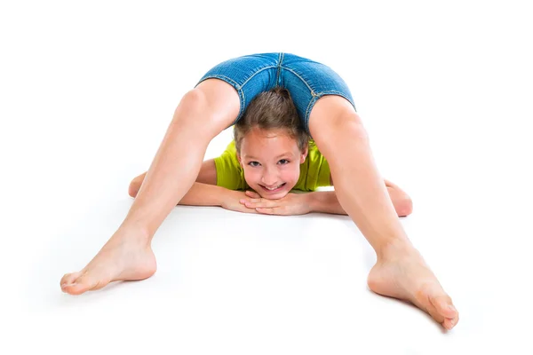 Flexible contortionist kid girl playing on white — Stock Photo, Image