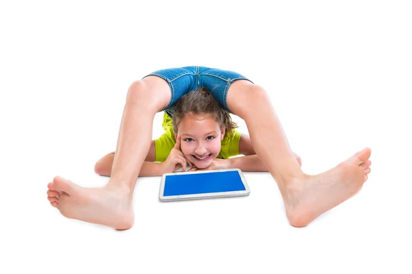 Contortionist kid girl thinking gesture with tablet pc — Stock Photo, Image
