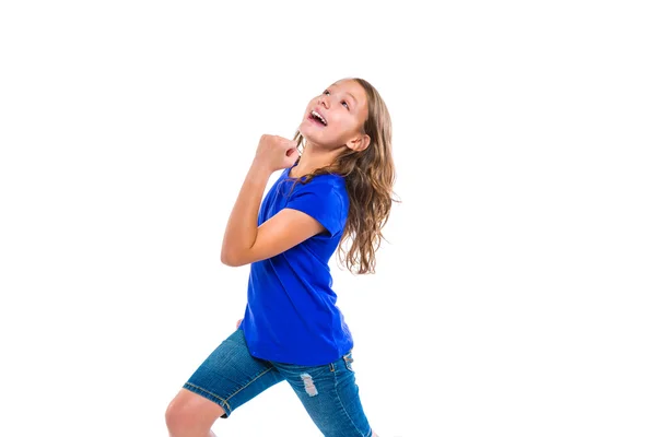 Excited winner expression kid girl gesture running — Stock Photo, Image