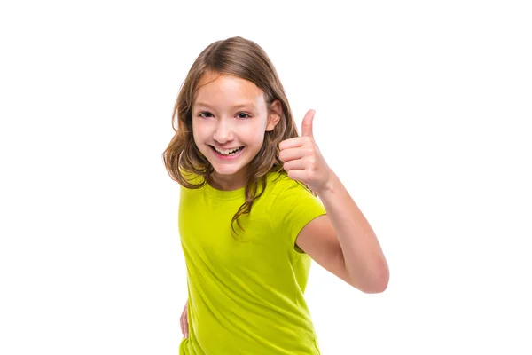 Ok gesture thumb up gunny happy kid girl on white — Stock Photo, Image