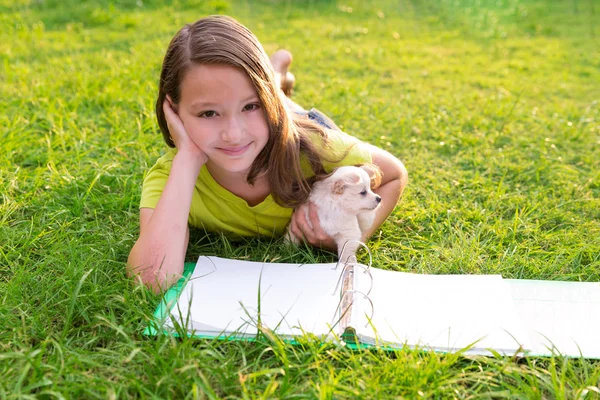 Kid girl and puppy dog at homework lying in lawn — Stock Photo, Image