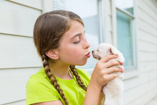 Mädchen spielenküssen Welpe chihuahua pet dog — Stockfoto