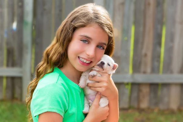 Kid flicka med valp sällskapsdjur chihuahua spela glad — Stockfoto