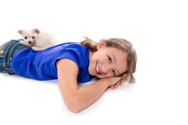 Chiuahua cachorro perro y niño chica feliz juntos —  Fotos de Stock