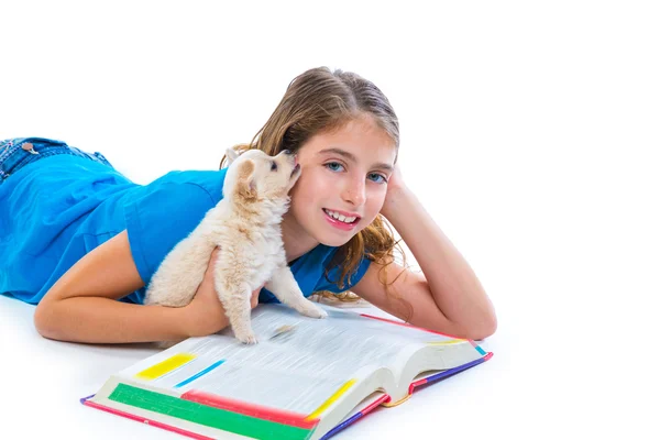 Kid flicka med valp chihuahua hund på läxor — Stockfoto