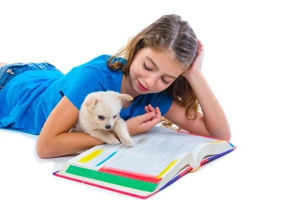 Dziecko dziewczynka z szczeniak chihuahua pies w pracy domowej — Zdjęcie stockowe
