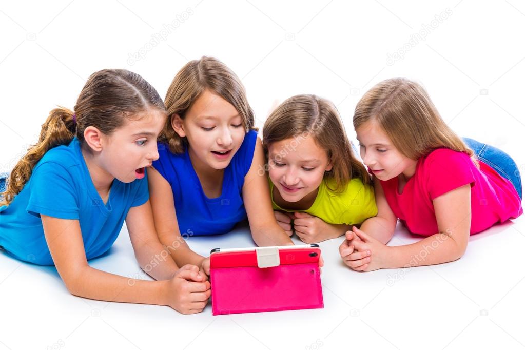 sisters kid girls with tech tablet pc playing happy