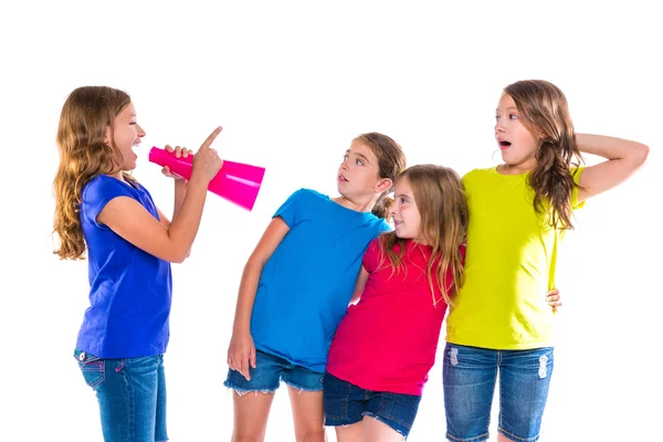 Megaphone leader kid girl shouting friends — Stock Photo, Image