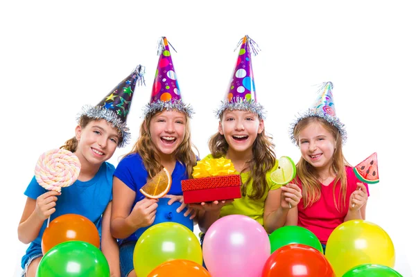 Happy kid girls birthday party balloons candy — Stock Photo, Image