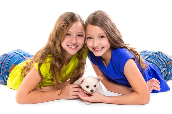 Happy twin sister kid girls and puppy dog lying — Stock Photo, Image