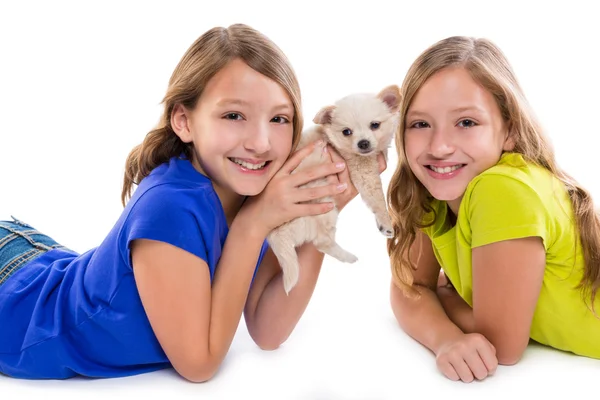 Gelukkig tweelingzus kid meisjes en puppy hondje liegen — Stockfoto