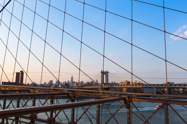 Manhattan Bridge from Brooklyn bridge New York City skyline USA