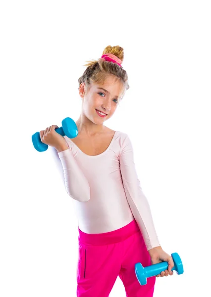 Blond fitness kid girls exercise dumbbells workout — Stock Photo, Image