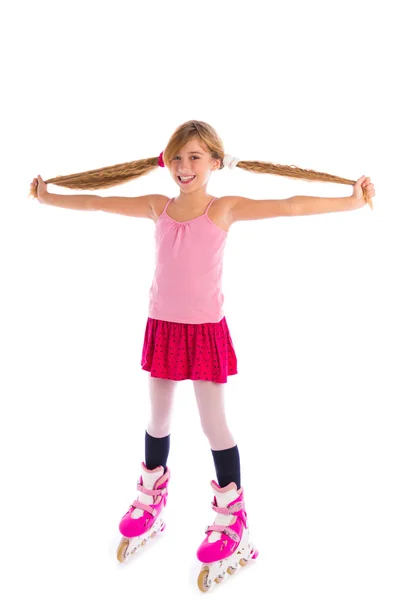 Blond pigtails rolschaatsen meisje volledige lengte op wit — Stockfoto