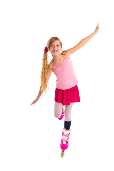 Blond pigtails roller skate girl full length on white — Stock Photo, Image