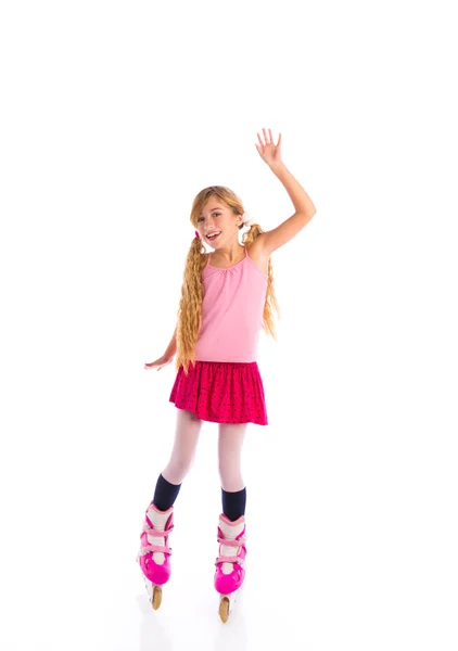 Sarışın pigtails roller skate kız tam uzunlukta beyaz — Stok fotoğraf