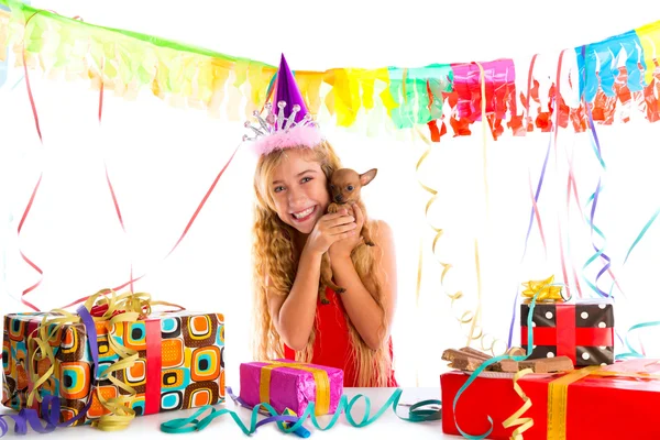 Party blond kid girl happy with puppy present — Stock Photo, Image