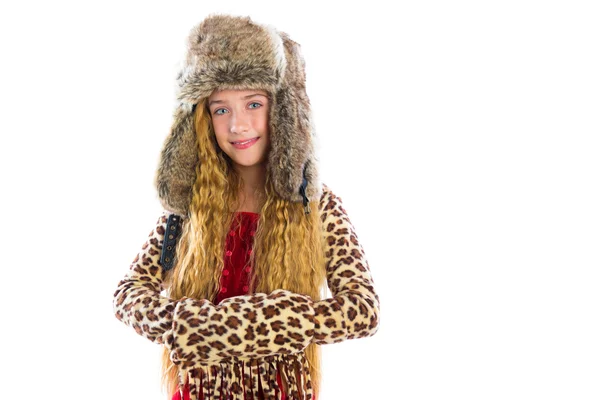 Blond winter kid girl long hair with fur clothes — Stock Photo, Image