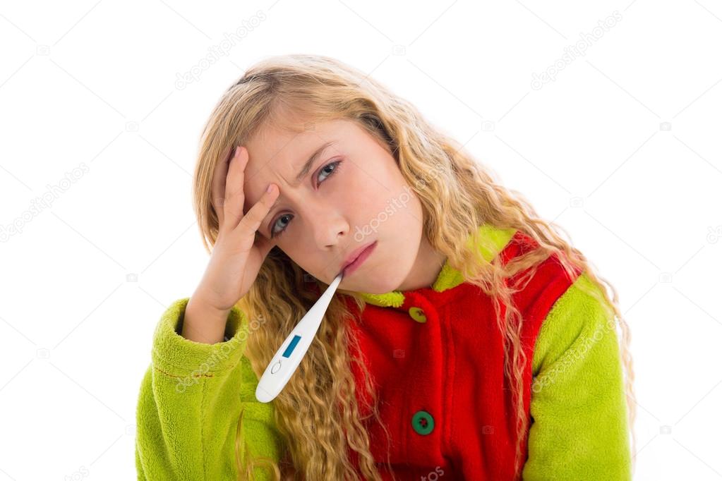 blond girl with thermometer and flu cold in pyjama