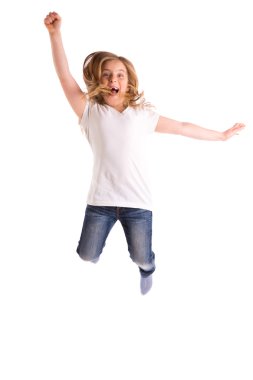 sarışın çocuk kız yüksek rüzgar saç üzerinde atlama girintili