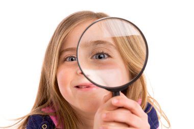 Blond indented girl with eye in magnifying glass clipart