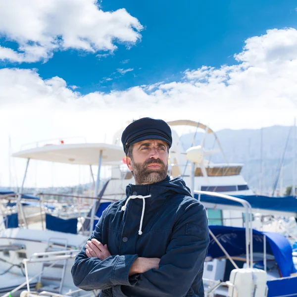 Sailor in marina port with boats background — Stock Photo, Image