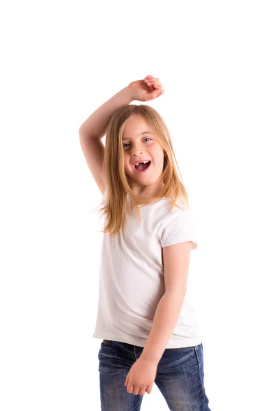 Blond kid girl indented jumping high wind on hair — Stock Photo, Image