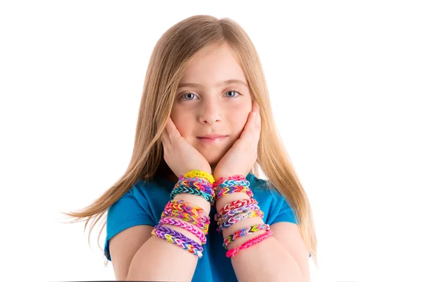 Loom rubber bands bracelets blond kid girl — Stock Photo, Image
