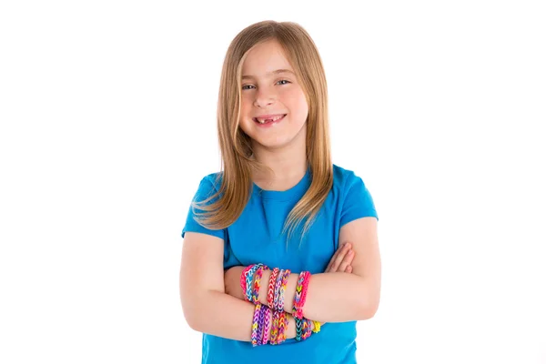 Loom rubber bands bracelets blond kid girl — Stock Photo, Image