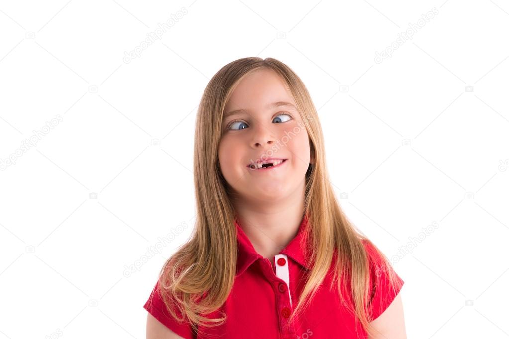 Crossed eyes blond girl funny expression gesture Stock Photo by