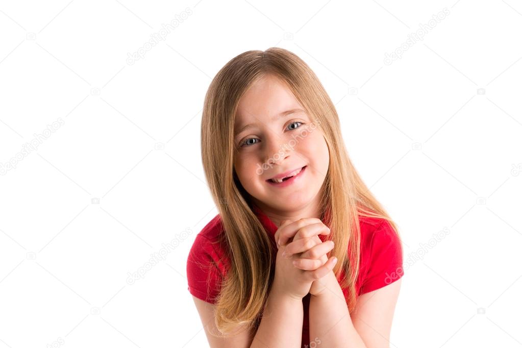 blond indented girl praying hands gesture in white